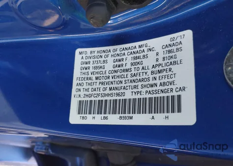 2017 Honda Civic Lx из США, поврежденный, VIN 2HGFC2F53HH519620